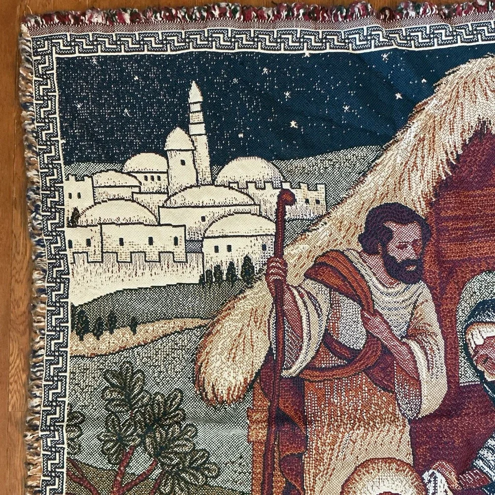 Nativity Throw Blanket 58x52 Christmas Bethlehem Jesus Woven Tapestry Religious